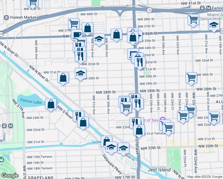 map of restaurants, bars, coffee shops, grocery stores, and more near 2990 Northwest 28th Street in Miami
