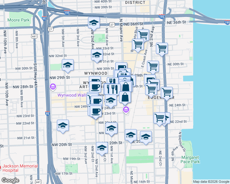 map of restaurants, bars, coffee shops, grocery stores, and more near 42 Northwest 26th Street in Miami