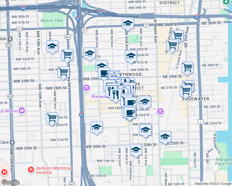 map of restaurants, bars, coffee shops, grocery stores, and more near in Miami