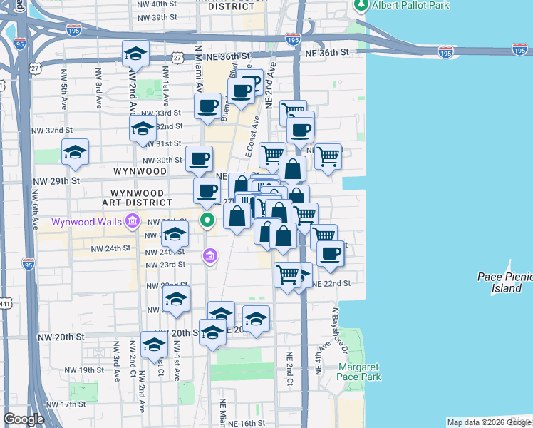map of restaurants, bars, coffee shops, grocery stores, and more near in Miami