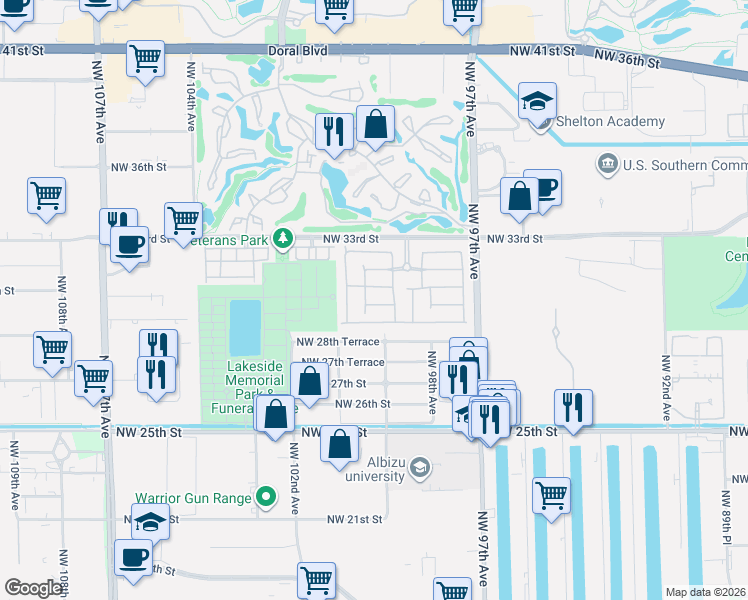 map of restaurants, bars, coffee shops, grocery stores, and more near 9940 Northwest 29th Terrace in Doral