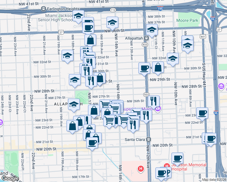 map of restaurants, bars, coffee shops, grocery stores, and more near 1425 Northwest 27th Street in Miami