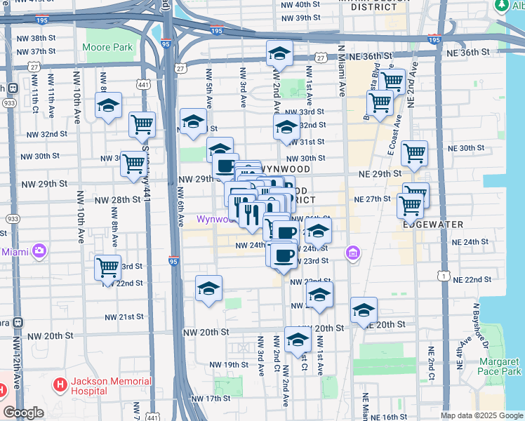 map of restaurants, bars, coffee shops, grocery stores, and more near in Miami