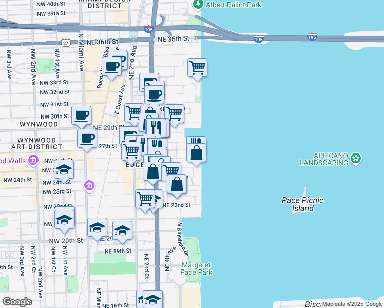 map of restaurants, bars, coffee shops, grocery stores, and more near 19380 Northeast 26th Street in Miami