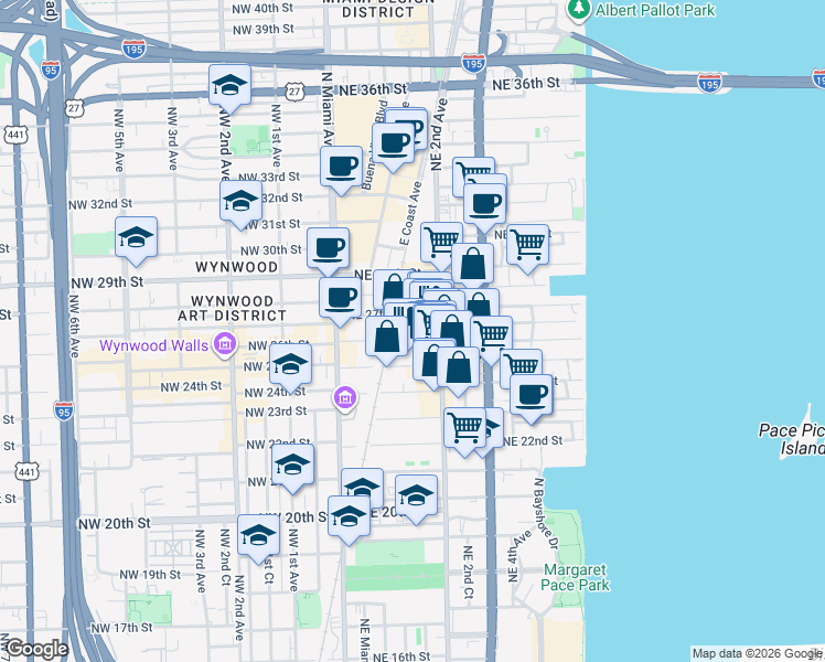 map of restaurants, bars, coffee shops, grocery stores, and more near in Miami