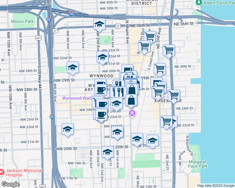 map of restaurants, bars, coffee shops, grocery stores, and more near 42 Northwest 26th Street in Miami