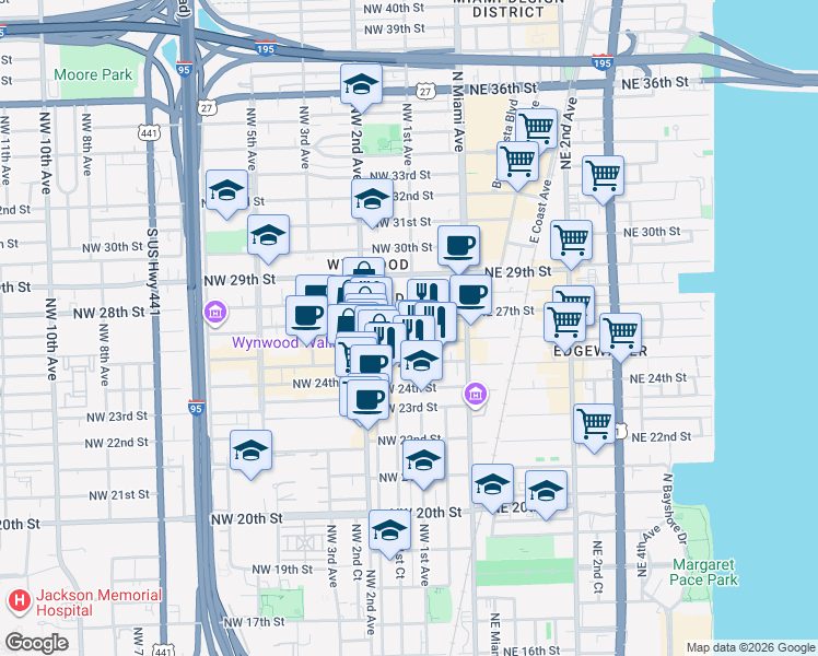 map of restaurants, bars, coffee shops, grocery stores, and more near 108 Northwest 26th Street in Miami
