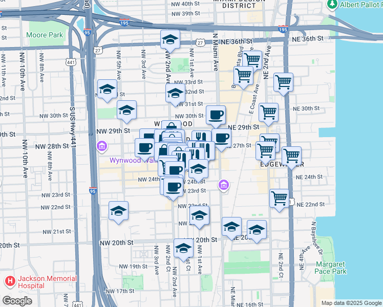map of restaurants, bars, coffee shops, grocery stores, and more near in Miami