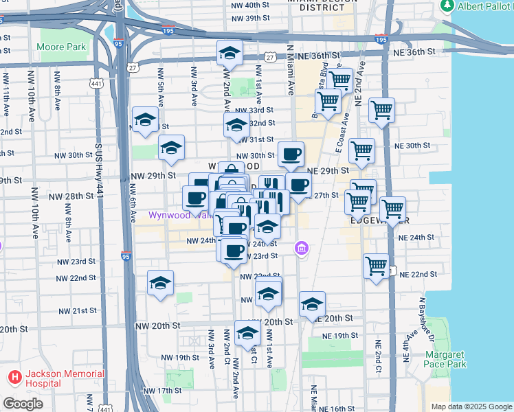 map of restaurants, bars, coffee shops, grocery stores, and more near in Miami