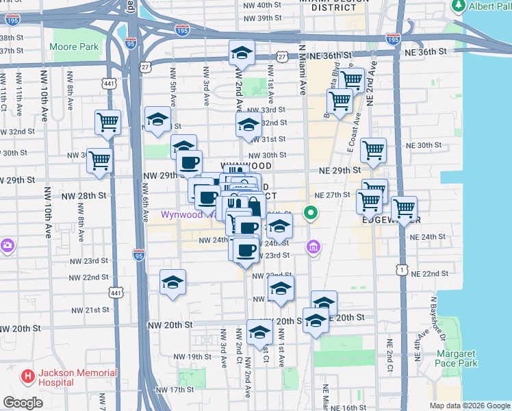 map of restaurants, bars, coffee shops, grocery stores, and more near 217 Northwest 25th Street in Miami