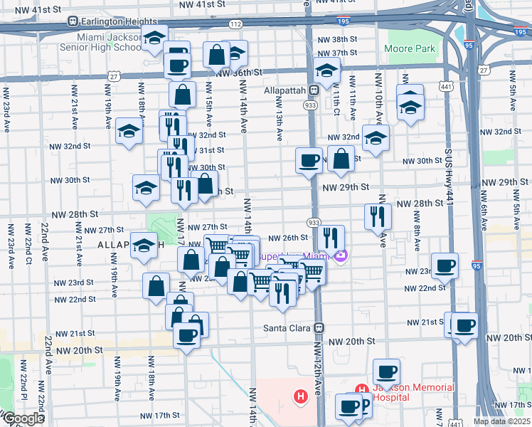 map of restaurants, bars, coffee shops, grocery stores, and more near 1354 Northwest 27th Street in Miami