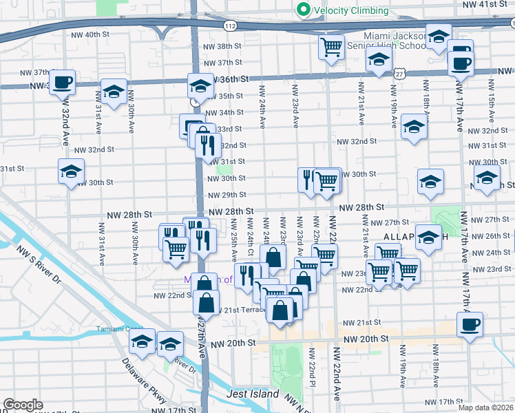 map of restaurants, bars, coffee shops, grocery stores, and more near 2430 Northwest 28th Street in Miami