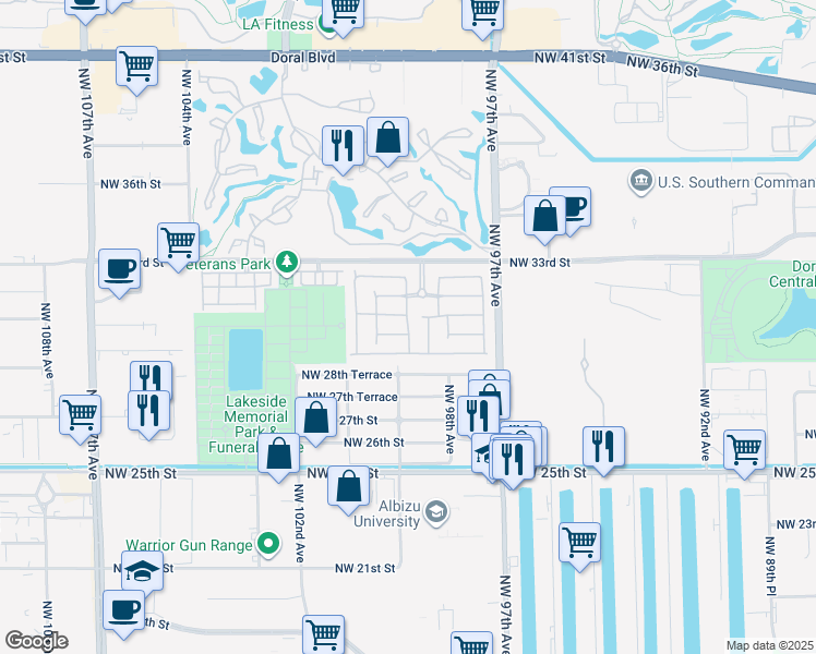 map of restaurants, bars, coffee shops, grocery stores, and more near 2917 Northwest 99th Avenue in Doral