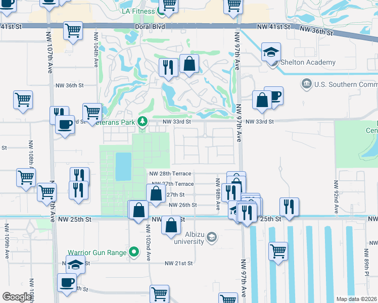 map of restaurants, bars, coffee shops, grocery stores, and more near 9940 Northwest 29th Terrace in Doral