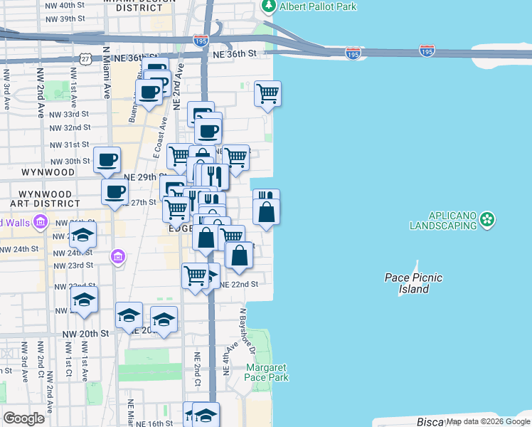 map of restaurants, bars, coffee shops, grocery stores, and more near 19380 Northeast 26th Street in Miami