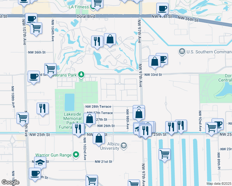 map of restaurants, bars, coffee shops, grocery stores, and more near 2917 Northwest 99th Avenue in Doral