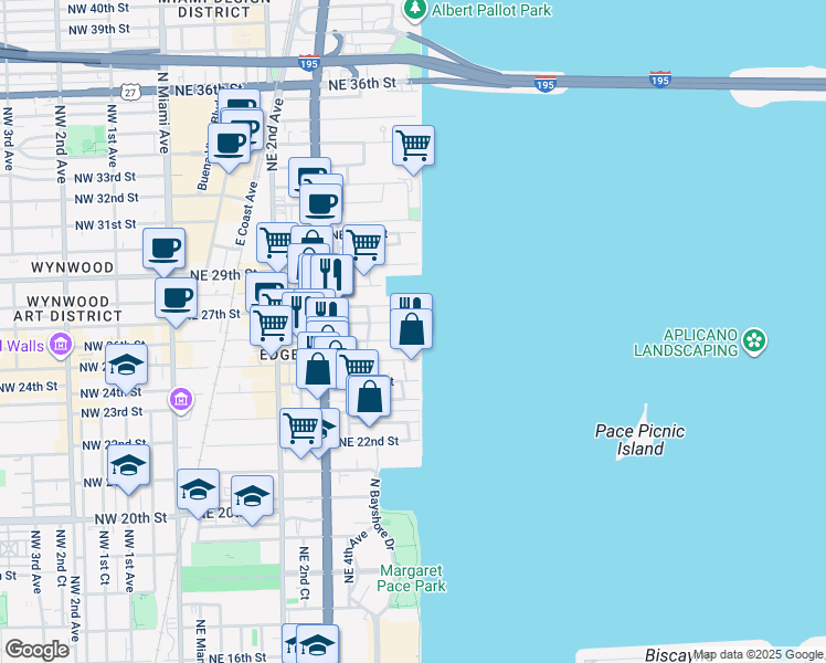 map of restaurants, bars, coffee shops, grocery stores, and more near 700 Northeast 26th Street in Miami