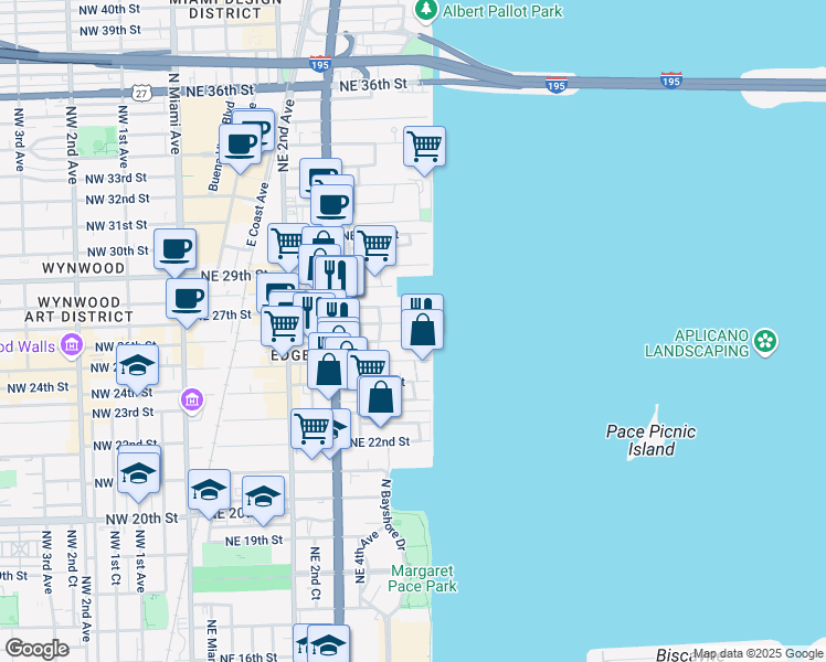 map of restaurants, bars, coffee shops, grocery stores, and more near 19380 Northeast 26th Street in Miami