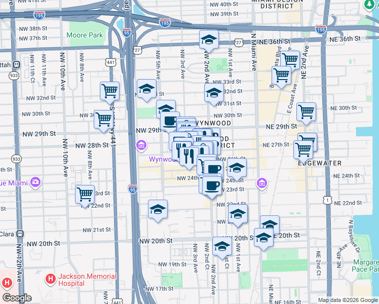 map of restaurants, bars, coffee shops, grocery stores, and more near 275 Northwest 26th Street in Miami