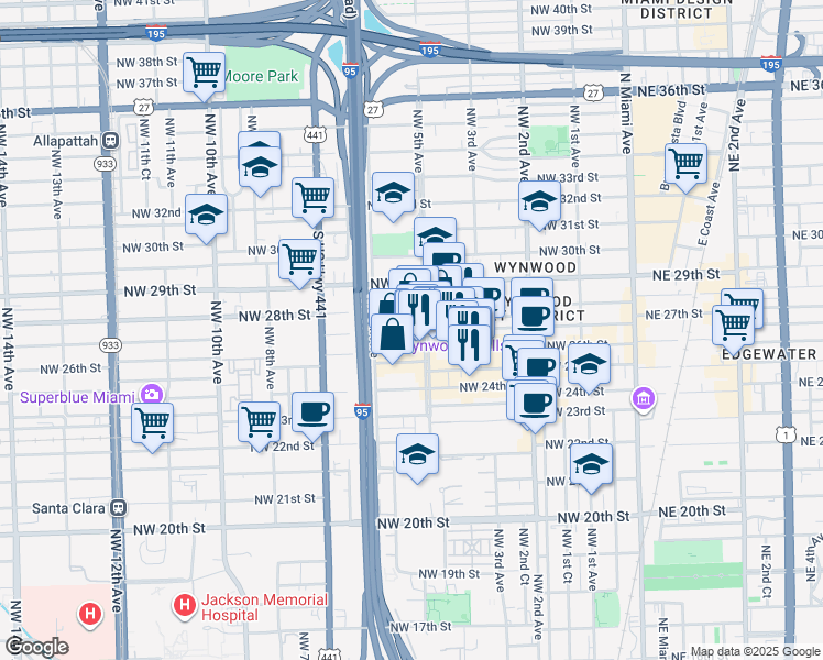 map of restaurants, bars, coffee shops, grocery stores, and more near 2626 Northwest 5th Avenue in Miami