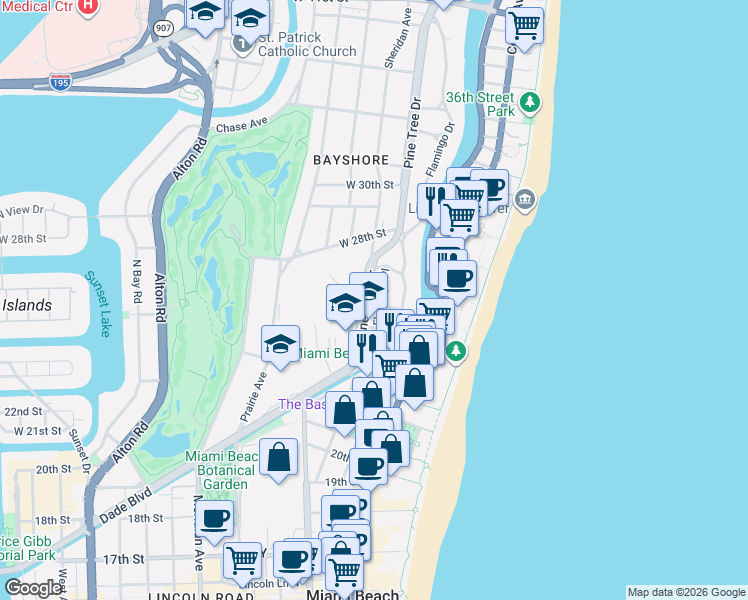 map of restaurants, bars, coffee shops, grocery stores, and more near 320 West 25th Street in Miami Beach
