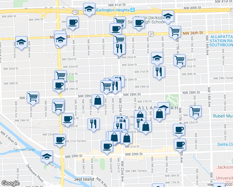 map of restaurants, bars, coffee shops, grocery stores, and more near 2730 Northwest 22nd Avenue in Miami