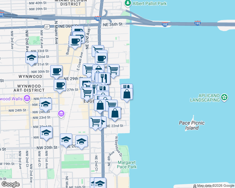 map of restaurants, bars, coffee shops, grocery stores, and more near 520 Northeast 26th Street in Miami
