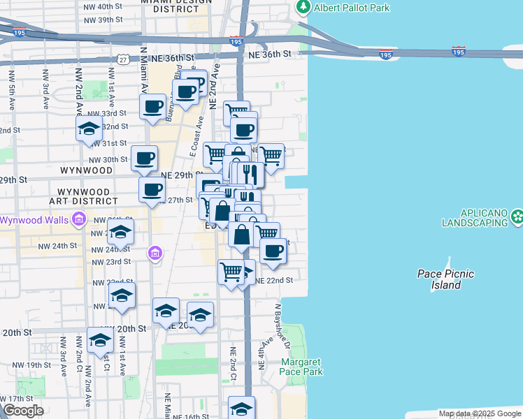 map of restaurants, bars, coffee shops, grocery stores, and more near in Miami