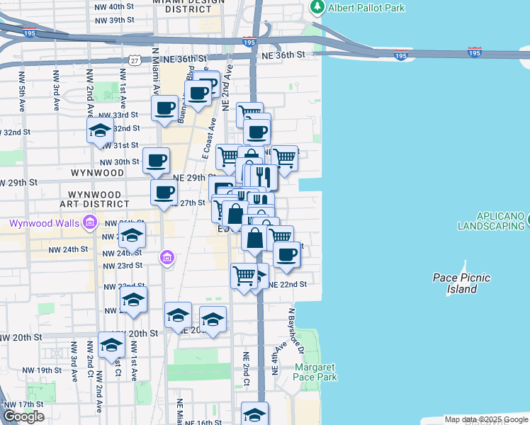 map of restaurants, bars, coffee shops, grocery stores, and more near 326 Northeast 26th Street in Miami