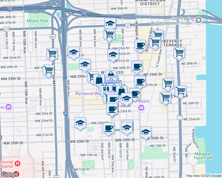 map of restaurants, bars, coffee shops, grocery stores, and more near 217 Northwest 25th Street in Miami