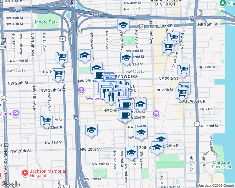 map of restaurants, bars, coffee shops, grocery stores, and more near 275 Northwest 26th Street in Miami
