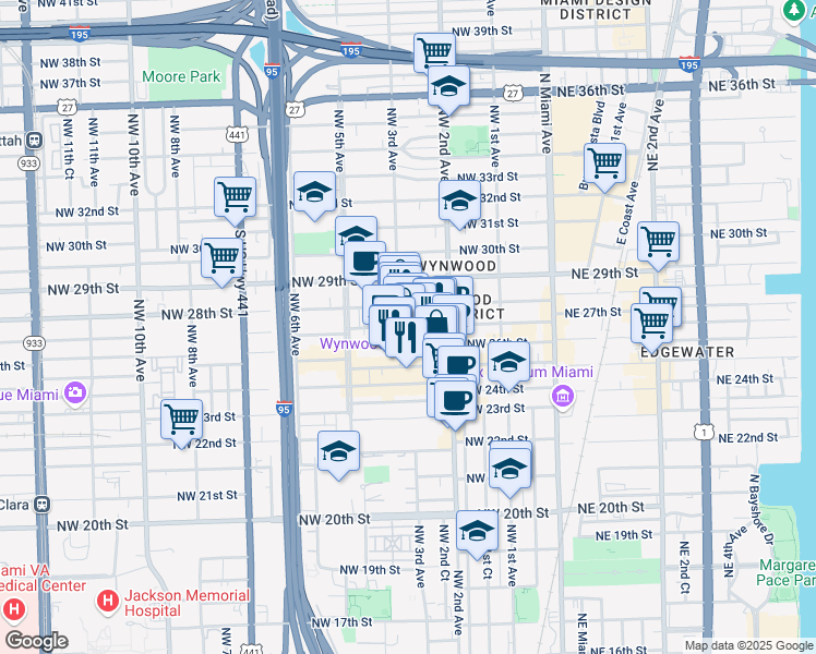 map of restaurants, bars, coffee shops, grocery stores, and more near 275 Northwest 26th Street in Miami