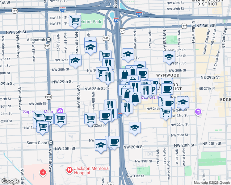 map of restaurants, bars, coffee shops, grocery stores, and more near 669 Northwest 26th Street in Miami