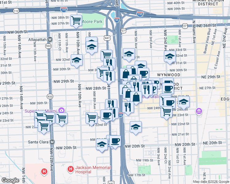 map of restaurants, bars, coffee shops, grocery stores, and more near 669 Northwest 26th Street in Miami