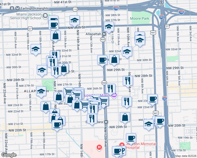 map of restaurants, bars, coffee shops, grocery stores, and more near 1290 Northwest 27th Street in Miami