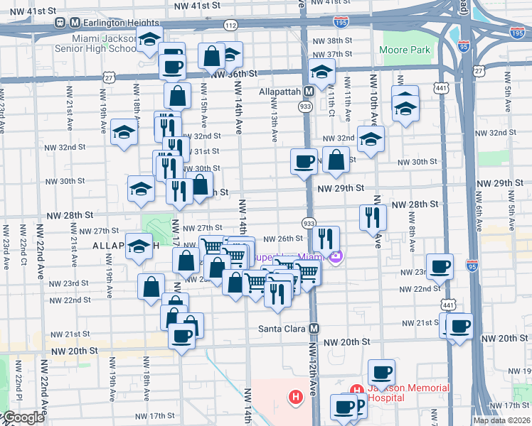 map of restaurants, bars, coffee shops, grocery stores, and more near 1354 Northwest 27th Street in Miami