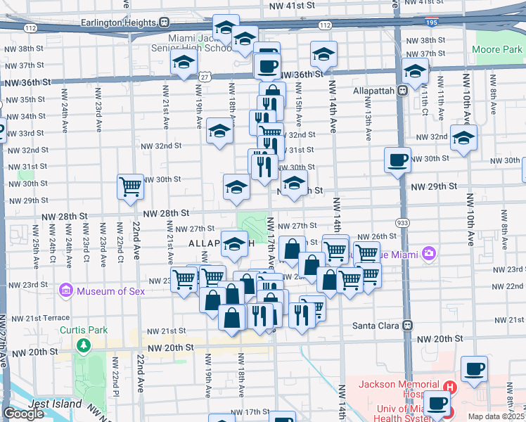 map of restaurants, bars, coffee shops, grocery stores, and more near 1700 NW 28th St in Miami