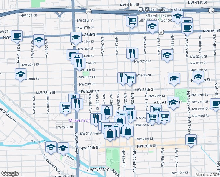 map of restaurants, bars, coffee shops, grocery stores, and more near 2730 Northwest 23rd Court in Miami