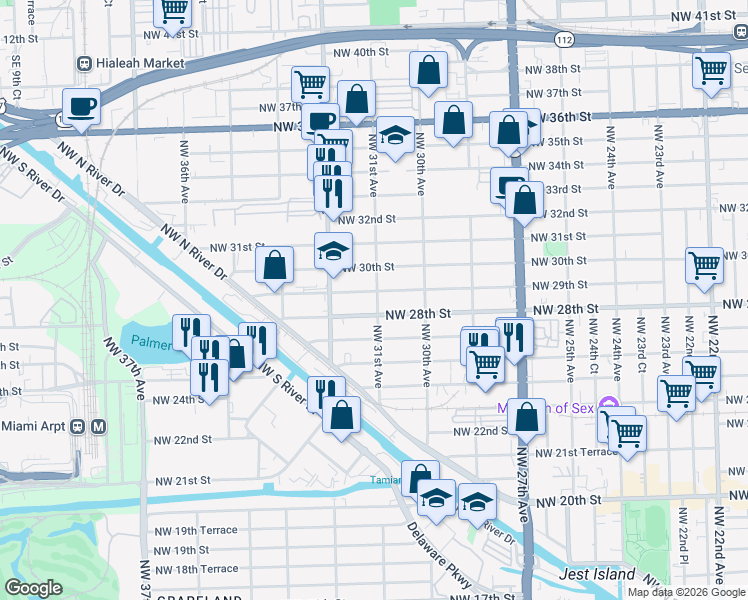 map of restaurants, bars, coffee shops, grocery stores, and more near 3144 Northwest 28th Street in Miami