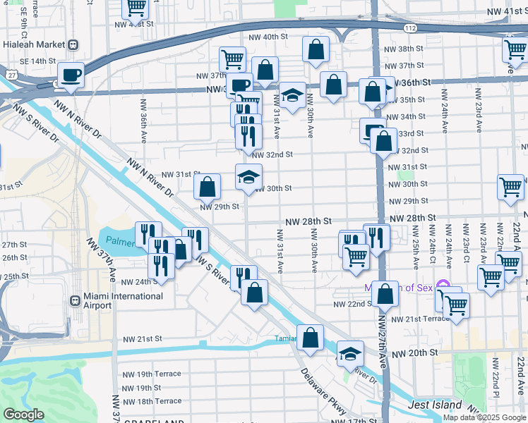 map of restaurants, bars, coffee shops, grocery stores, and more near 3144 Northwest 28th Street in Miami