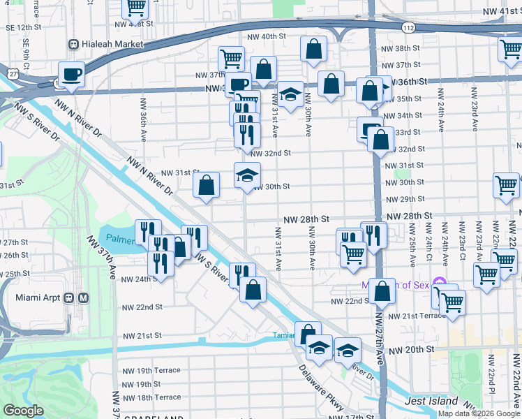 map of restaurants, bars, coffee shops, grocery stores, and more near 3144 Northwest 28th Street in Miami