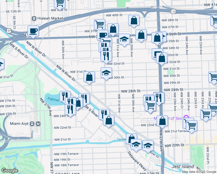 map of restaurants, bars, coffee shops, grocery stores, and more near 3144 Northwest 28th Street in Miami