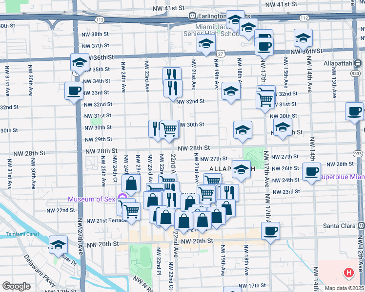 map of restaurants, bars, coffee shops, grocery stores, and more near 2137 Northwest 27th Street in Miami