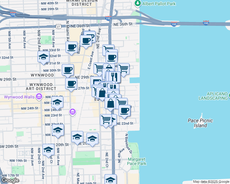 map of restaurants, bars, coffee shops, grocery stores, and more near in Miami