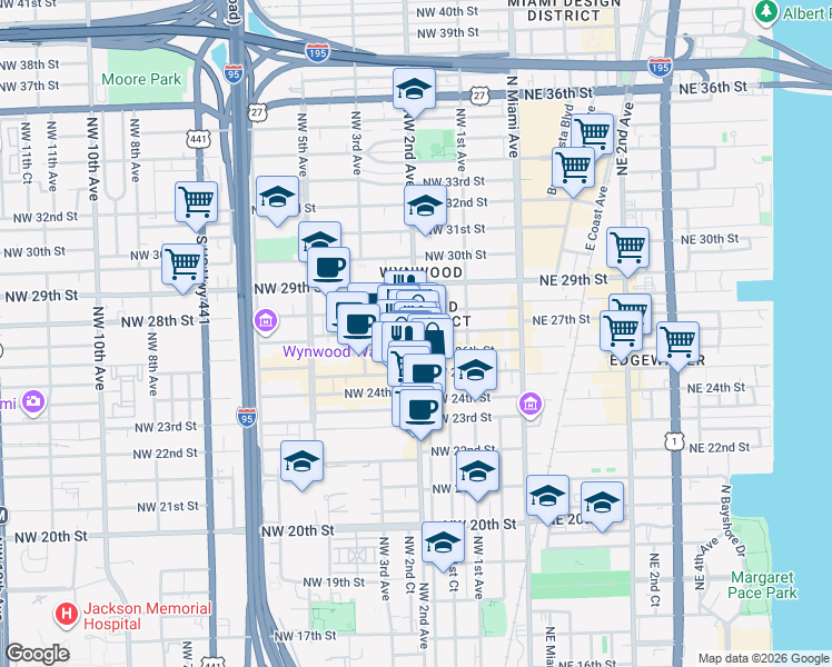 map of restaurants, bars, coffee shops, grocery stores, and more near 217 Northwest 25th Street in Miami