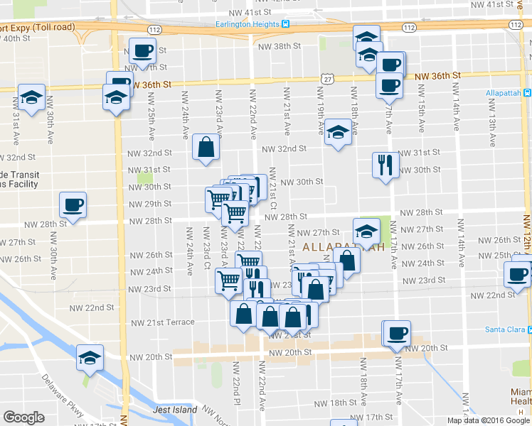 map of restaurants, bars, coffee shops, grocery stores, and more near 2137 Northwest 27th Street in Miami