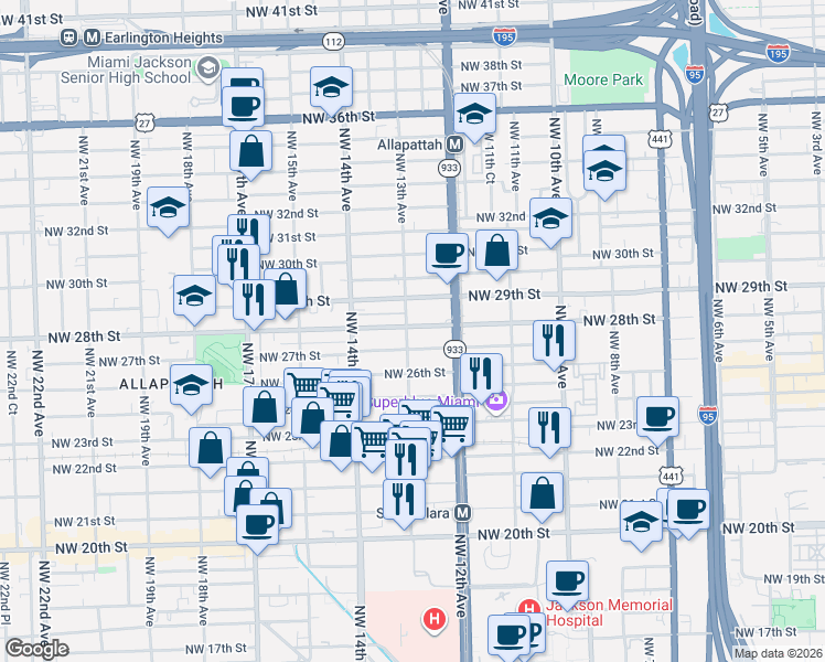 map of restaurants, bars, coffee shops, grocery stores, and more near 1290 Northwest 27th Street in Miami