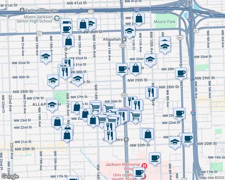 map of restaurants, bars, coffee shops, grocery stores, and more near 1290 Northwest 27th Street in Miami