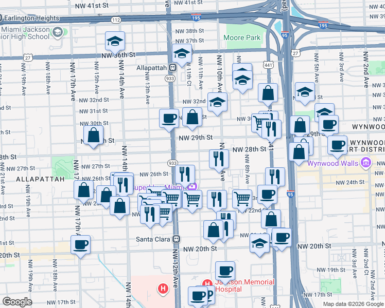 map of restaurants, bars, coffee shops, grocery stores, and more near 1134 Northwest 27th Street in Miami