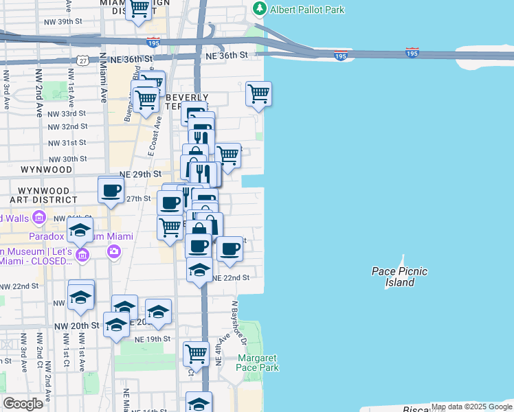 map of restaurants, bars, coffee shops, grocery stores, and more near 19380 Northeast 26th Street in Miami